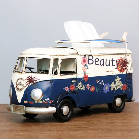 Flower Retro Iron Bus Tissue Box Model Figurines Car Craft Home Decoration Accessories for Living Room Ornaments for Home Decor - Vision store of the future