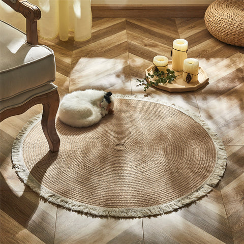 Round Woven Rugs Handmade Rattan Carpet With Tassel for Bedroom Living Room Vintage Home Decor Floor Mats Chic Room Door Mat - Vision store of the future