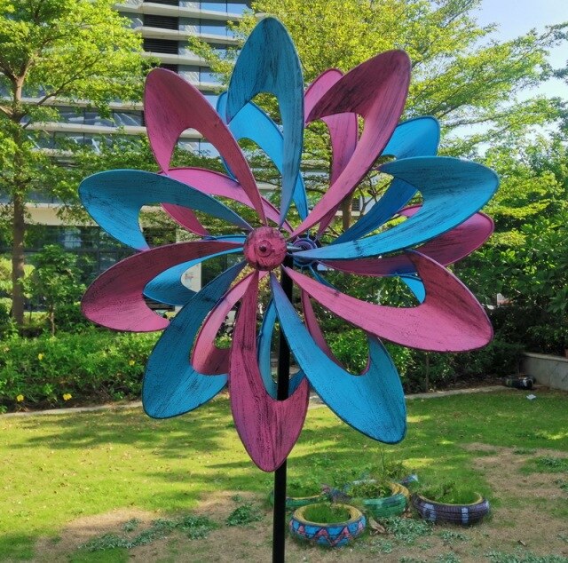 3 Iron Windmill Decor Garden Decoration Outdoor Public Crafts Double-layer Rotary Plug-in Export Rainbow Flawers Bohemian Yard - Vision store of the future